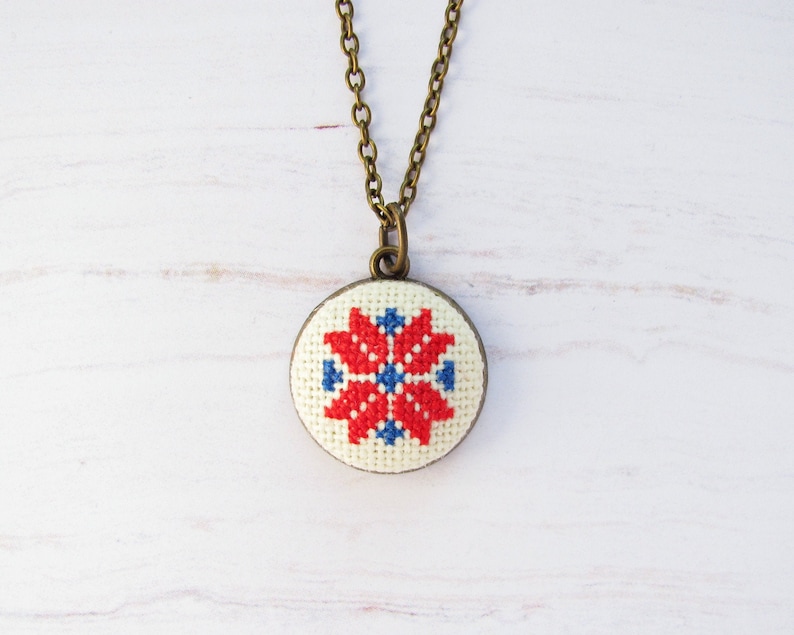 cross stitch necklace Mothers day Gift necklace for women Red and blue necklace with romanian traditional motif