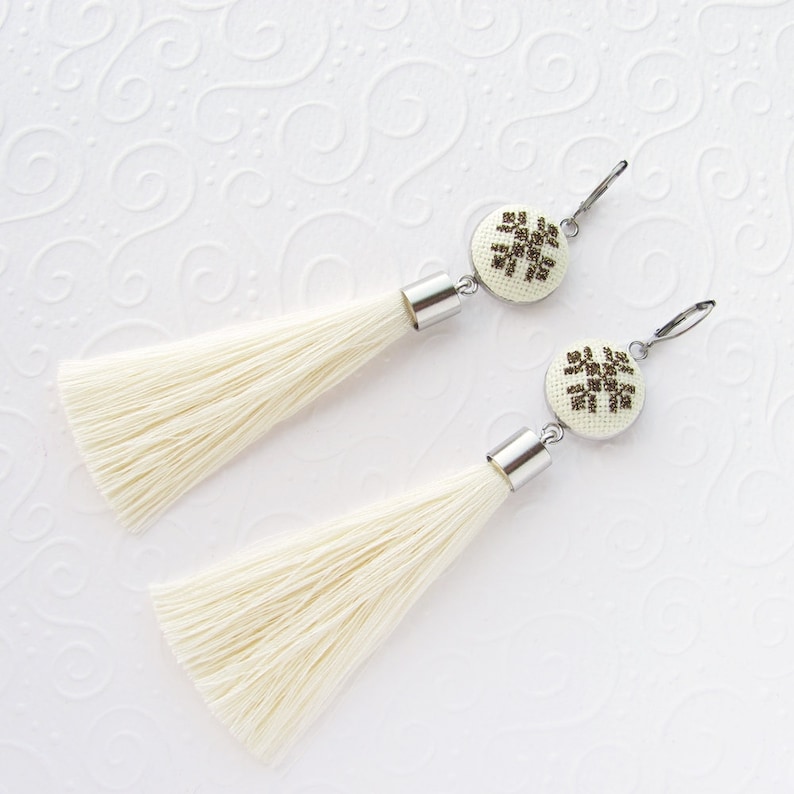 Boho Bride Earrings Cream Tassel Earrings Statement Etsy