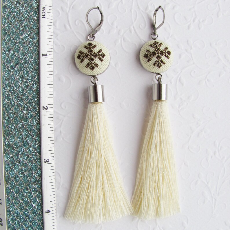 Boho Bride Earrings Cream Tassel Earrings Statement Etsy
