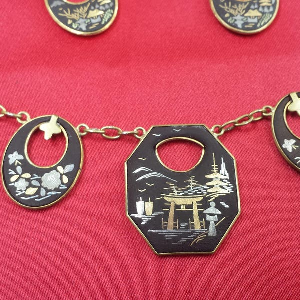 RARE Japanese Antique Jewelry Black Lacquered Brass Necklace with Dangle Earrings Damascene circa 1930's Bib Necklace