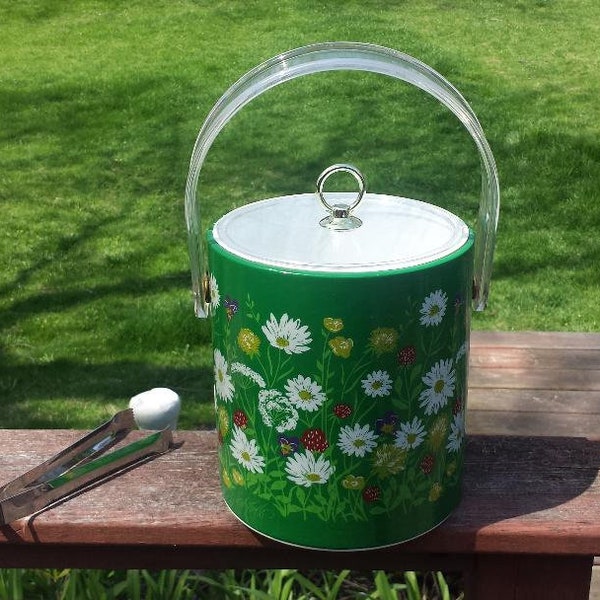 Wild Flowers Ice Bucket Lord & Taylor Green Vinyl Ice Bucket with Clear Lid and Handle Daisies Thistle and Queen Anne's Lace