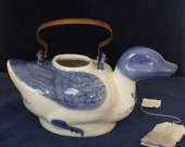 Asian Duck Teapot Ceramic Blue and White Duck Shaped Decanter with Brass Handle Hand Painted Asian Decor Chinese Kitchen Decor