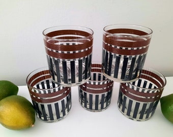 Vintage MORGAN Bar Glasses Black & Brown Stripes Retro Barware Rock Glasses Each Sold Separately