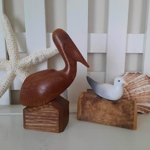Vintage Nautical Decor Wooden Pelican Carved Statue OR Seagull on Driftwood Statue OR Hand Carved Ironwood Eagle Statue