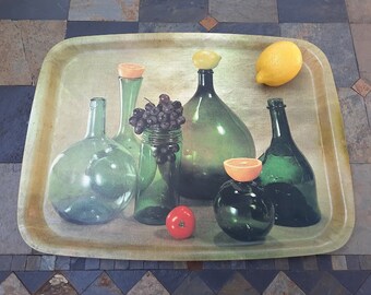 Vintage Tray Still Life Bottles with Fruit Resin Serving Tray