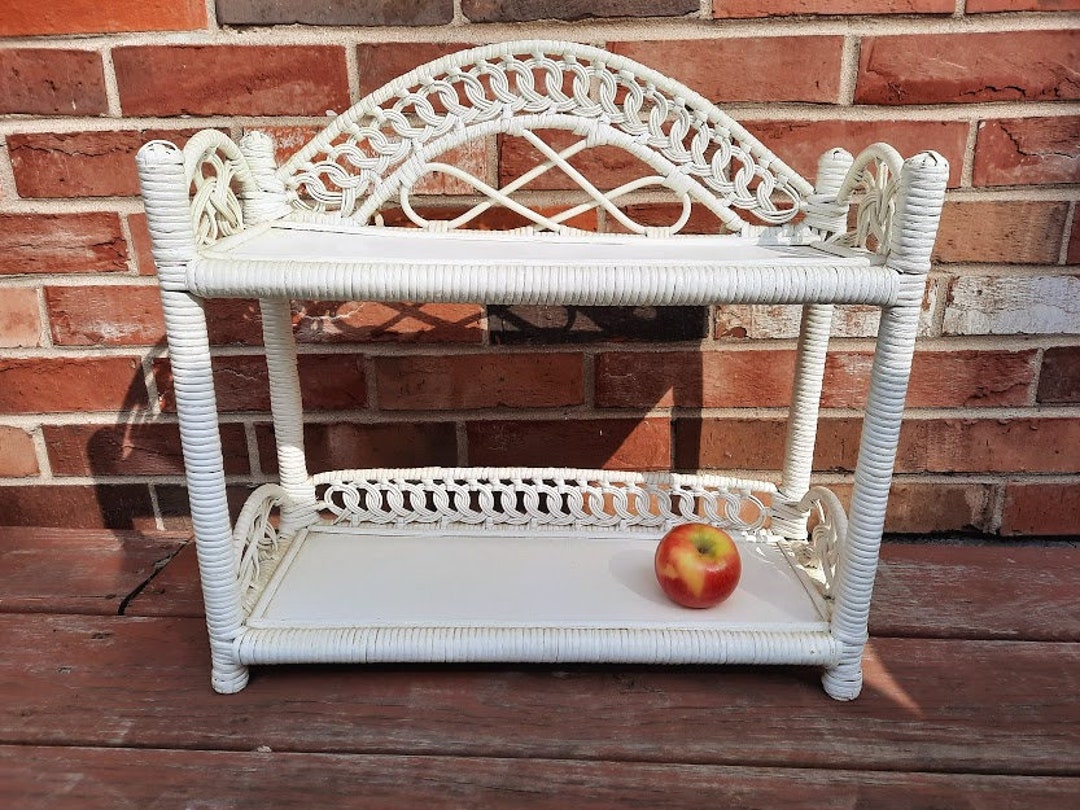 White Wicker Rattan Shelf Two Tier Woven Stand Alone or Wall - Etsy