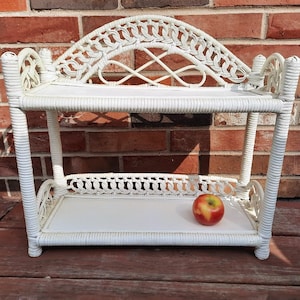 White Wicker Rattan Shelf Two Tier Woven Stand Alone or Wall Shelf
