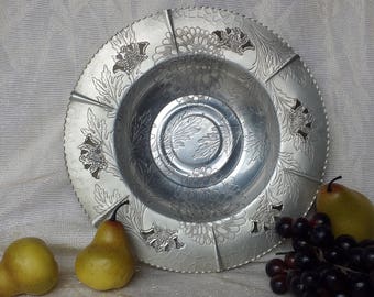 Large Silver Aluminum Bowl Hand Wrought Aluminum with Embossed Chrysanthemum Design Mid Century Forged Aluminum with Saw Tooth Edging