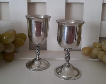 Vintage EASTERN Pewter Mini Goblets Set of 2 Graduated Chalices Shot Glasses