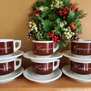 Vintage Cappuccino Coffee Set of 12 Cups and Saucers Brown and White Heavy Porcelain Coffee Mugs