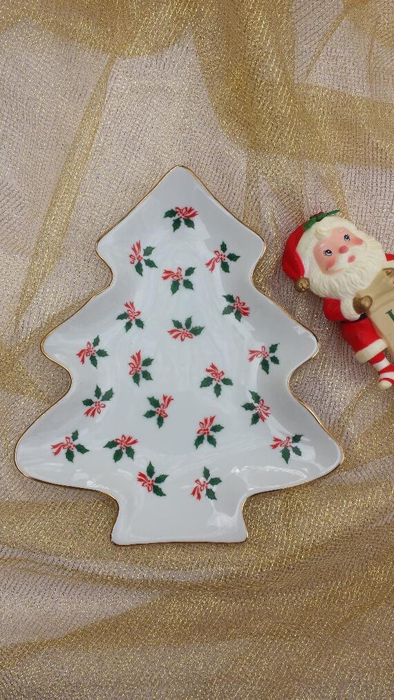 Lefton China Christmas Tree Ceramic Dish With Holly Pattern Etsy