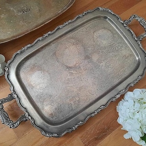 Vintage Silver Plate Serving Tray Large Heavy Footed Tray with Handles Foliage and Shell Embossed Design