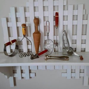 Vintage Farmhouse Kitchen Gadget Knife Sharpener Meat Fork MOULI Grater Ice Tongs Masher Dough Blender Cone Roller Spatula Your Choice