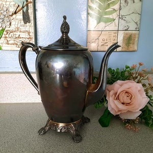 May include: A silver-toned metal teapot with a decorative lid and handle. The teapot sits on a detailed base with ornate feet. A pink rose and greenery are next to the teapot.
