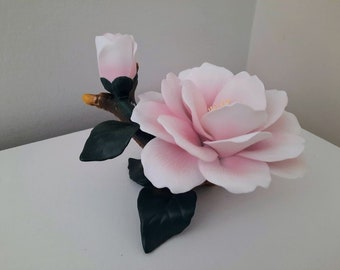 Vintage Pink Garden Rose Ceramic Sculpture Statue Garden Decor Accent