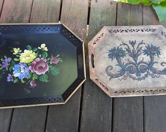 Black Tole Tray Rose Pattern Octagon Shaped Hand Painted Large Metal Trays Reticulated Open Work Edges OR Beige Floral Metal Tray