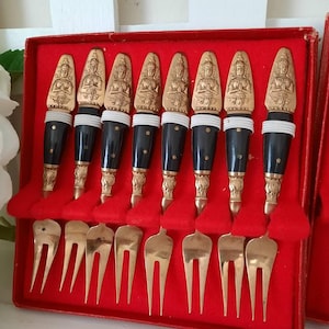 Vintage Cocktail Forks & Knives Mid Century Thailand Brass Cocktail Set of 16 Buddha Design with Black Teak Wood Handles in the Original Box