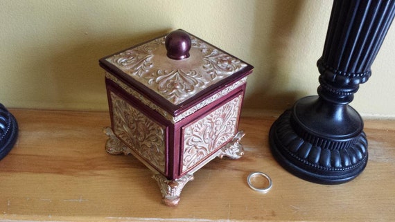 Vintage Decorative Box Gold and Red Flourishing D… - image 1