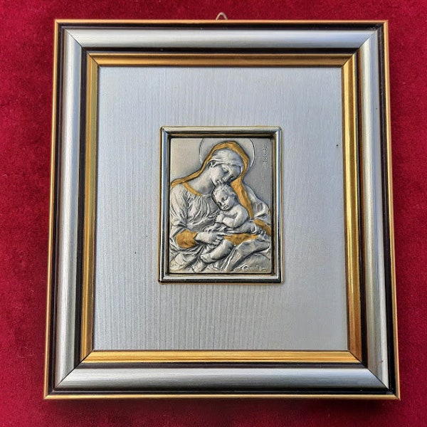 Mary and Jesus Art Creazioni Artistiche 925 Silver Art Ma Donna & Child Petite Framed Art Signed Made in Italy Christian Home