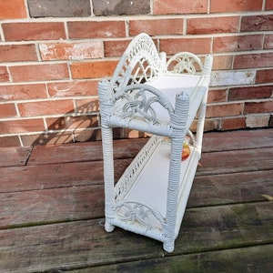 White Wicker Rattan Shelf Two Tier Woven Stand Alone or Wall - Etsy