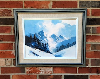 Original Winter Paintings Mountain Landscapes The Boat Dock or Mountain Skiers Matted and Framed