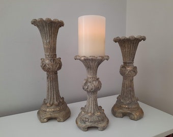 Vintage Pillar Candle Holder Trio Ornate Scrolling Roman Pillar Design