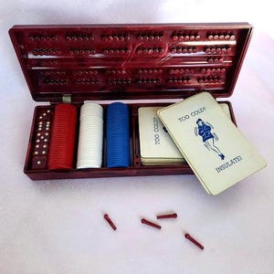 RARE Vintage Celluloid Cribbage Set Traveler's Delight OR Cribbage 29 Wooden Game Board 3 Player-with Pegs and Storage Compartment