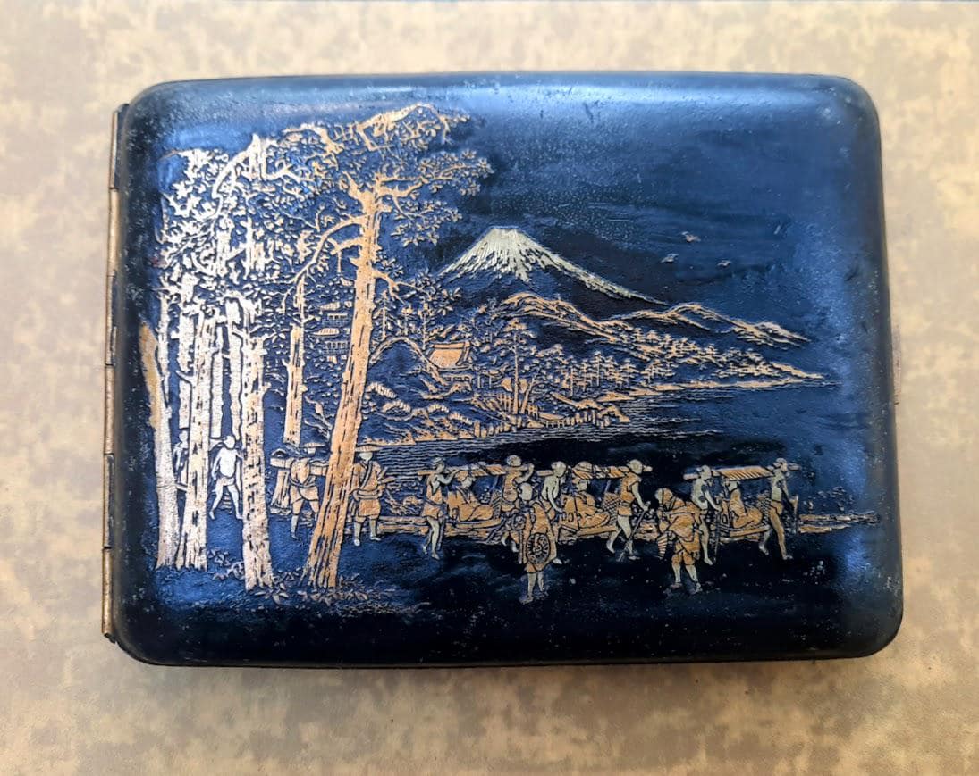 RARE Vintage Cigarette Case Damascene Mt. Fugi Japanese Komai With Mountain  and Waterside Scene Black With Gold and Silver Accents