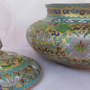 RARE Cloisonne Champleve Vessel Raised Cloisonne Gold with Blue Enamel Interior Pastel Flowers High Relief Pink Orchids and Flourishes