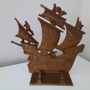 Vintage Cast Iron Pirate Ship Sculpture with Metal Stand