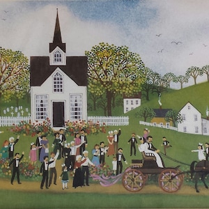 Folk Art Wedding D. Card A Country Wedding Framed under Glass Double Matted Features a Wedding in Rural Midwest America Farmhouse Art