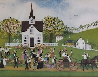A Country Wedding Folk Art Print Framed under Glass Farmhouse Art