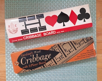 Vintage Inlaid Wood Cribbage Board Set OR Cardinal's Wood Cribbage with 2 Player Board-Two Styles Your Choice