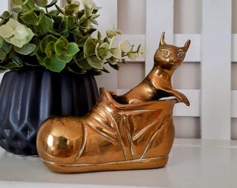 Vintage Brass Decor Kitten in a Shoe or Paul Revere Hand Bell or Apple Dish