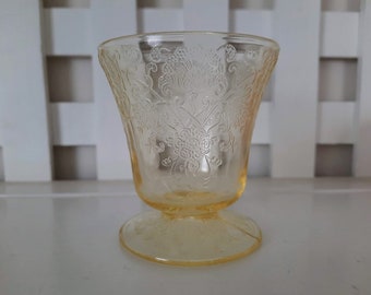 Vintage Yellow Depression Glass Hazel Atlas Florentine Poppy #2 Footed Juice Glass OR Clear Etched Glass Cake Plate