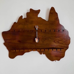 Vintage AUSTRALIA Shaped Spoon Rack Wooden Rack Holds 24 Collector Spoons Includes an Australia Silver Plated Souvenir Spoon