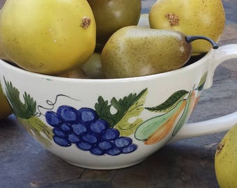 Vintage SECLA Portugal Fruit Bowl with Handle Hand Painted with Pears Grapes Peaches and Cherries