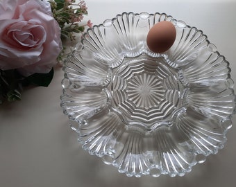 Vintage Egg Plate Anchor Hocking White Milk Glass with 22Kt Gold Edging OR Clear Glass Egg Dish OR 3 Section Snack Dish