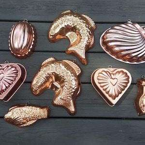 Vintage Copper Mold Jumping Fish Seashell Heart Scalloped Oval Fish Lobster Gelatin Salad Mold Sold Separately