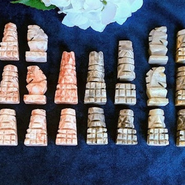 Single Marble Chess Pieces Grey and Coral/Blush Toned Aztec Mayan Style-Replacement Pieces-Each Piece Sold Separately