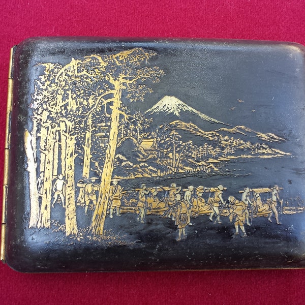 RARE Vintage Cigarette Case Damascene Mt. Fugi Japanese Komai with Mountain and Waterside Scene Black with Gold and Silver Accents