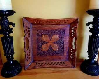 Hand Carved Wooden Tray with Handles Floral and Cross Design Decorative Tray