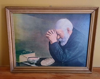 Grace by Eric Enstrom Vintage Art Print Framed Man Praying Over A Meal Christian Home Decor