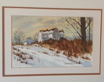 Vintage Watercolor Winter Farmhouse Scene Watercolor Print by Deanna R Clucas Midwest Art Winter Prairie House Painting