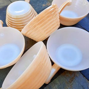 Fire King Peach LUSTERWARE Bowls Set of 2 Bee Hive Style with Handles OR Fire King Loaf Pan 409 1 Qt. Each Sold Separately