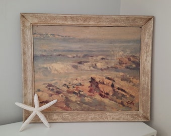 Vintage Oil Painting "Rocky Surf" by Arnold Turtle American Artist (1892-1954) Framed