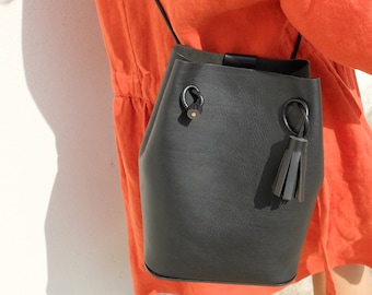 Leather Bucket bag, Mini Bucket Bag, Bucket crossbody bag_ black genuine leather