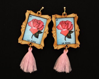 Mexican Loteria La Rosa Tassel Earrings