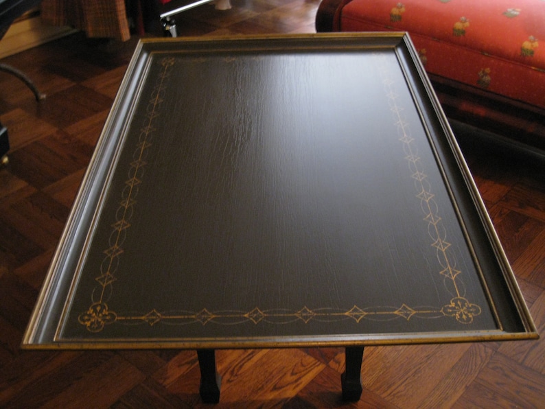 Vintage Table Tray Top Wood Painted Mat Black With Elegant Gold Leaf
