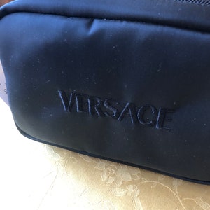 Versace Vintage Cosmetic Make-Up Bag- Black Nylon w/ Embroidered VERSACE Logo